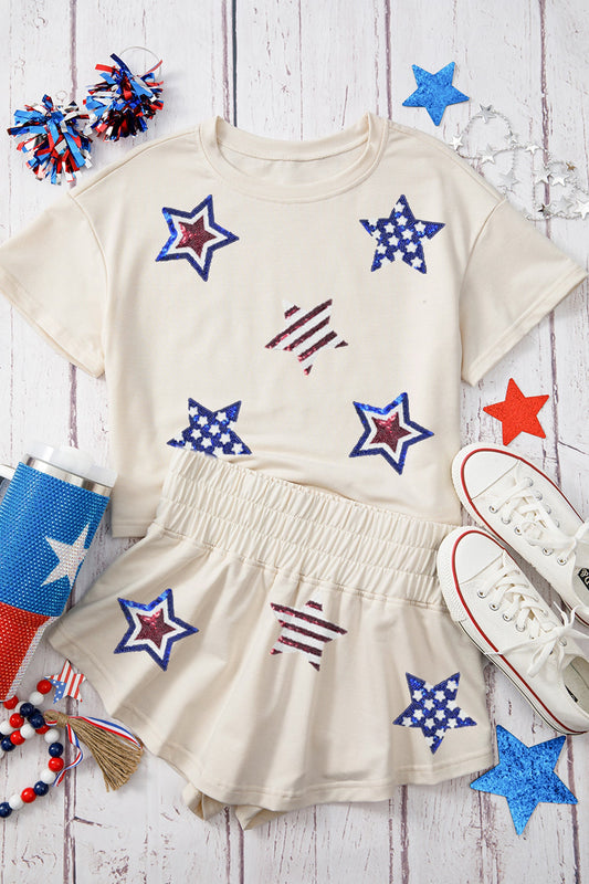 Beige Sequin Patriotic Star Cropped Tee Skort 2pcs Set