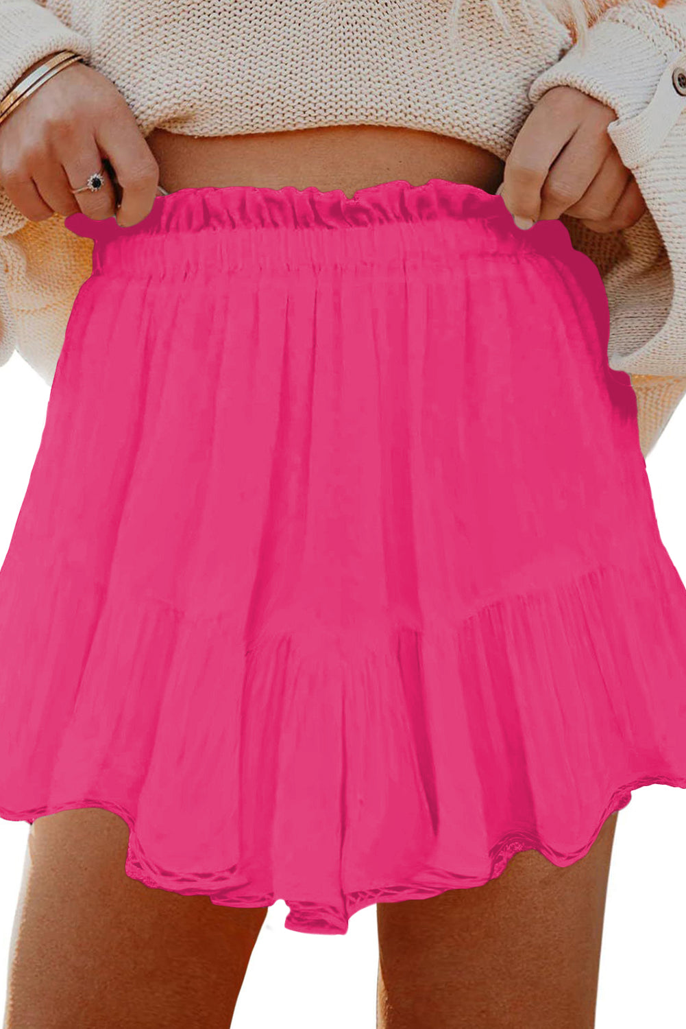 Navy Blue Plus Size Frilled Elastic Waist Lace Trim Boho Ruffled Shorts