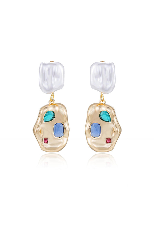 Rainbow Crystal Nugget & Pearl Earrings