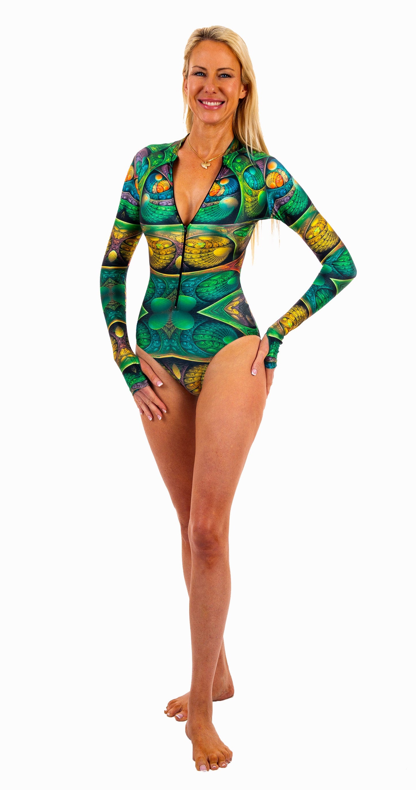SlipIns Iridescent Green Long Sleeve Bathing Suit - Metal Scales