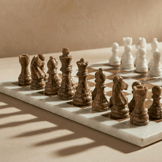 Marble Chess Set with Storage Case - Brown and White