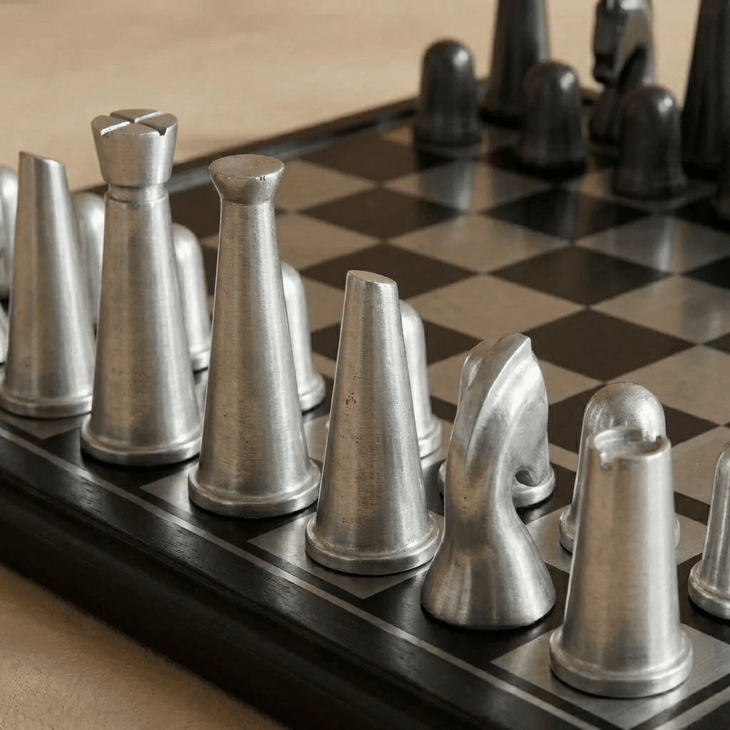 Art Deco Metallic Chess Set - Black and Silver Chess Set