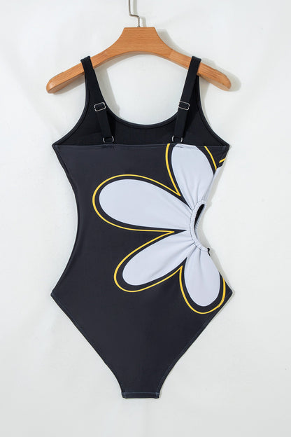 Black Drawstring Big Hole Floral Print Sleeveless One Piece Swimsuit
