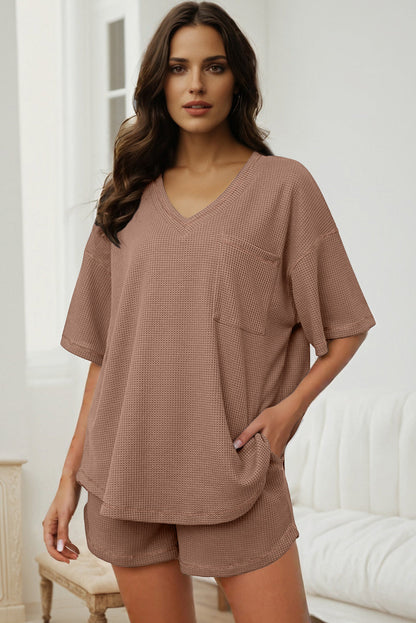 Rose Red Solid Color Waffled V Neck Loose Tee Drawstring Shorts Set