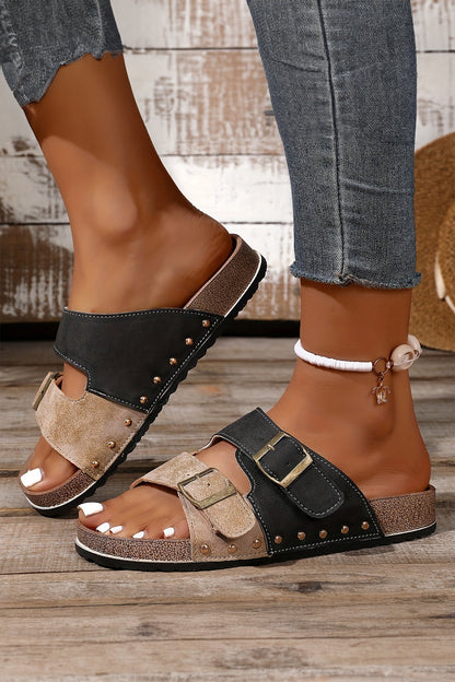 Coffee Two-tone Retro Buckle Straps Hollowed Faux Suede Slippers