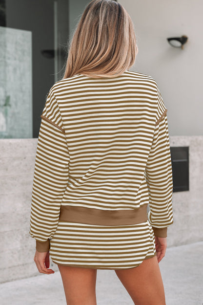 Black Stripe Textured Drop Shoulder Pullover Top Drawstring Mini Skirt Two Piece Dress Set