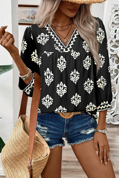 Green Damask Floral Print Contrast V Neck 3/4 Sleeve Blouse
