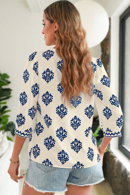 Green Damask Floral Print Contrast V Neck 3/4 Sleeve Blouse