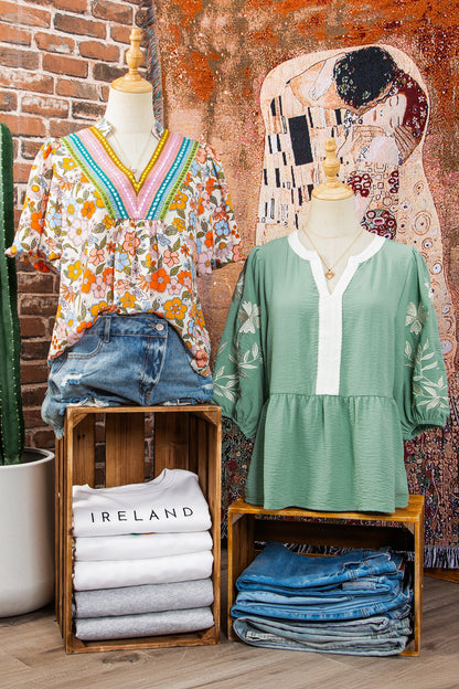 Smoke Green Color Block Patchwork V Neck Embroidered Puff Sleeve Babydoll Blouse