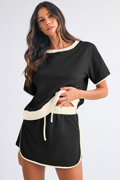 Black Colorblock Edge Drop Shoulder T Shirt and Skort 2Pcs Set