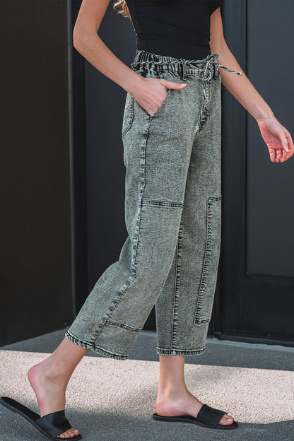 Smoke Gray Acid Wash Barrel Fit Denim Pants with Waist String