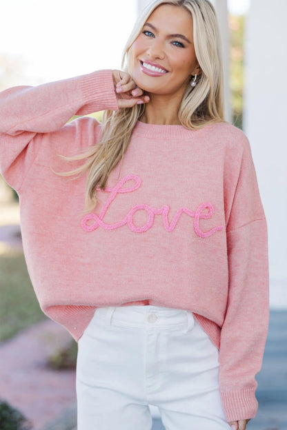 Pink Corded Love Script Graphic Baggy Sweater