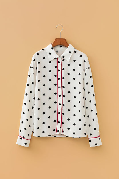 White Polka Dot Print Contrast Piping Elegant Shirt