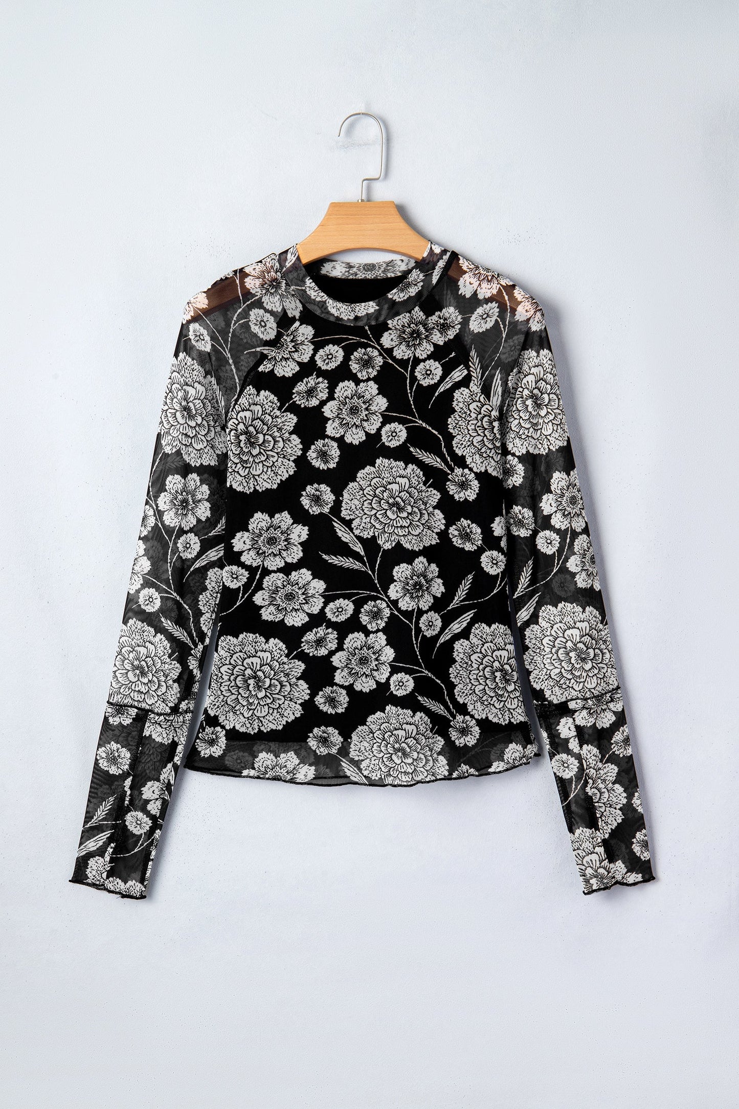 Brown Thumbhole Long Sleeve Floral Print Mesh Top