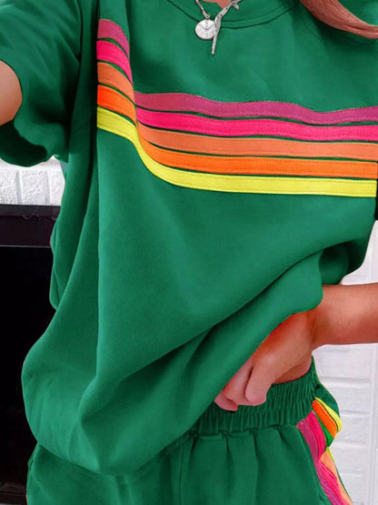 Rainbow Striped Round Neck Top and Shorts Set