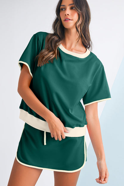 Black Colorblock Edge Drop Shoulder T Shirt and Skort 2Pcs Set