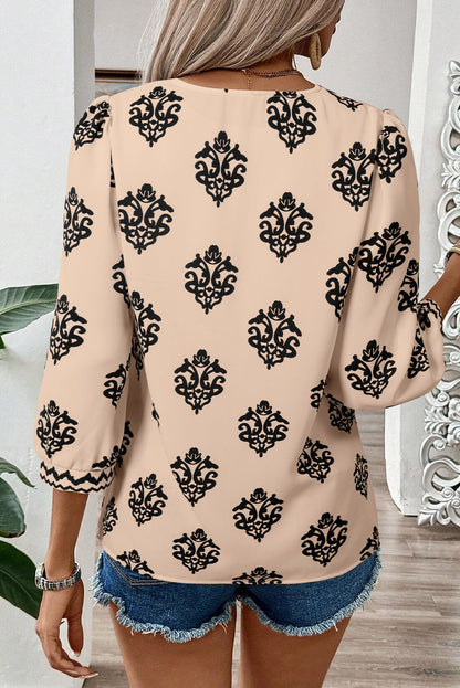Green Damask Floral Print Contrast V Neck 3/4 Sleeve Blouse