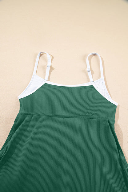 Bright Pink Color Block Edge Ribbed Pocketed Lined Swim Dress