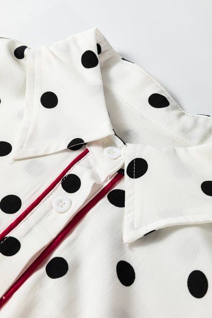 White Polka Dot Print Contrast Piping Elegant Shirt