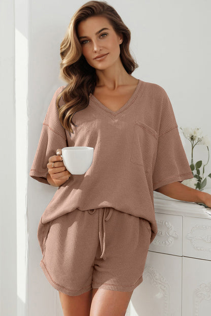 Rose Red Solid Color Waffled V Neck Loose Tee Drawstring Shorts Set