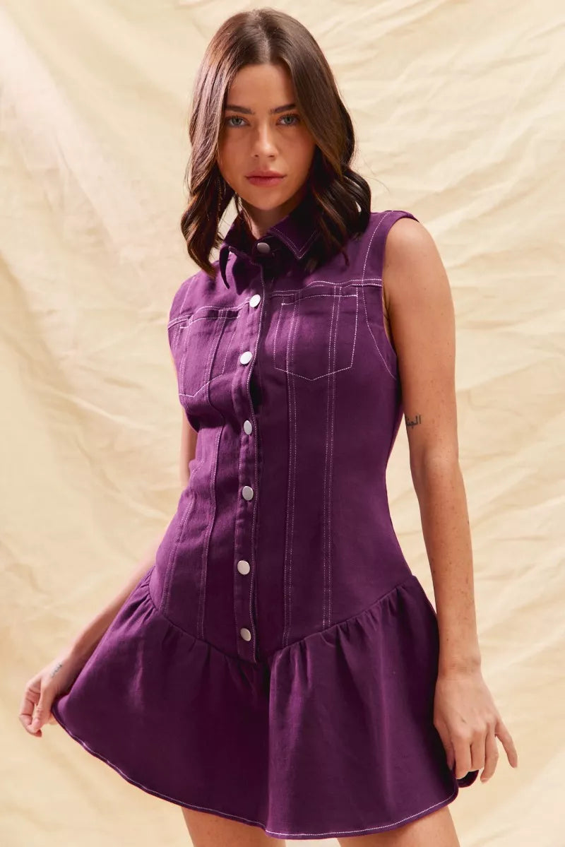SO ME Button Down Sleeveless Collared Game Day Mini Dress