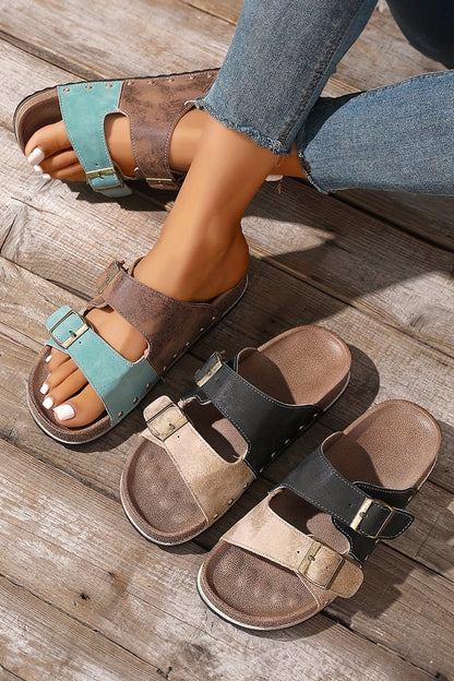 Coffee Two-tone Retro Buckle Straps Hollowed Faux Suede Slippers