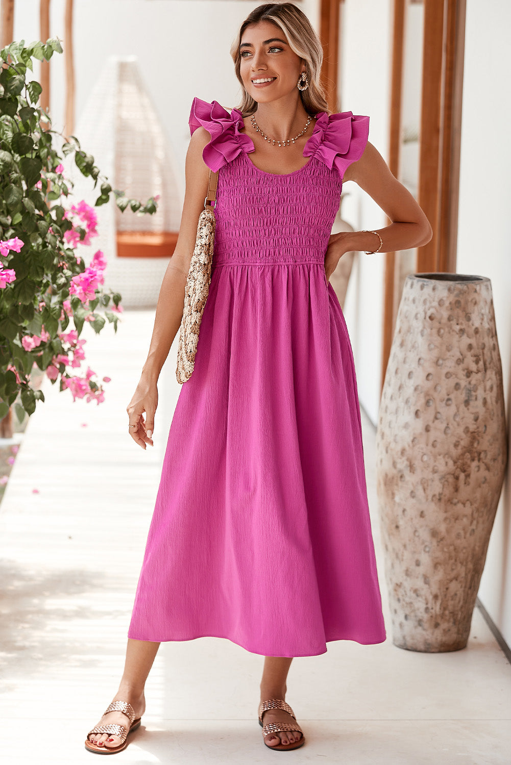 Magenta Crinkled Ruffle Strap Smocked Midi Dress
