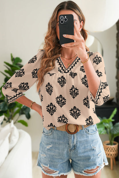 Green Damask Floral Print Contrast V Neck 3/4 Sleeve Blouse