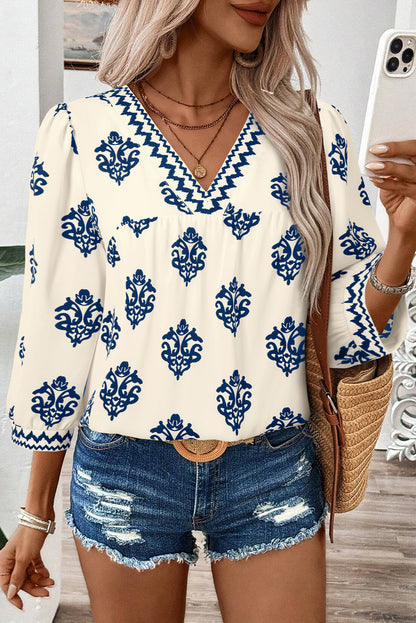 Green Damask Floral Print Contrast V Neck 3/4 Sleeve Blouse