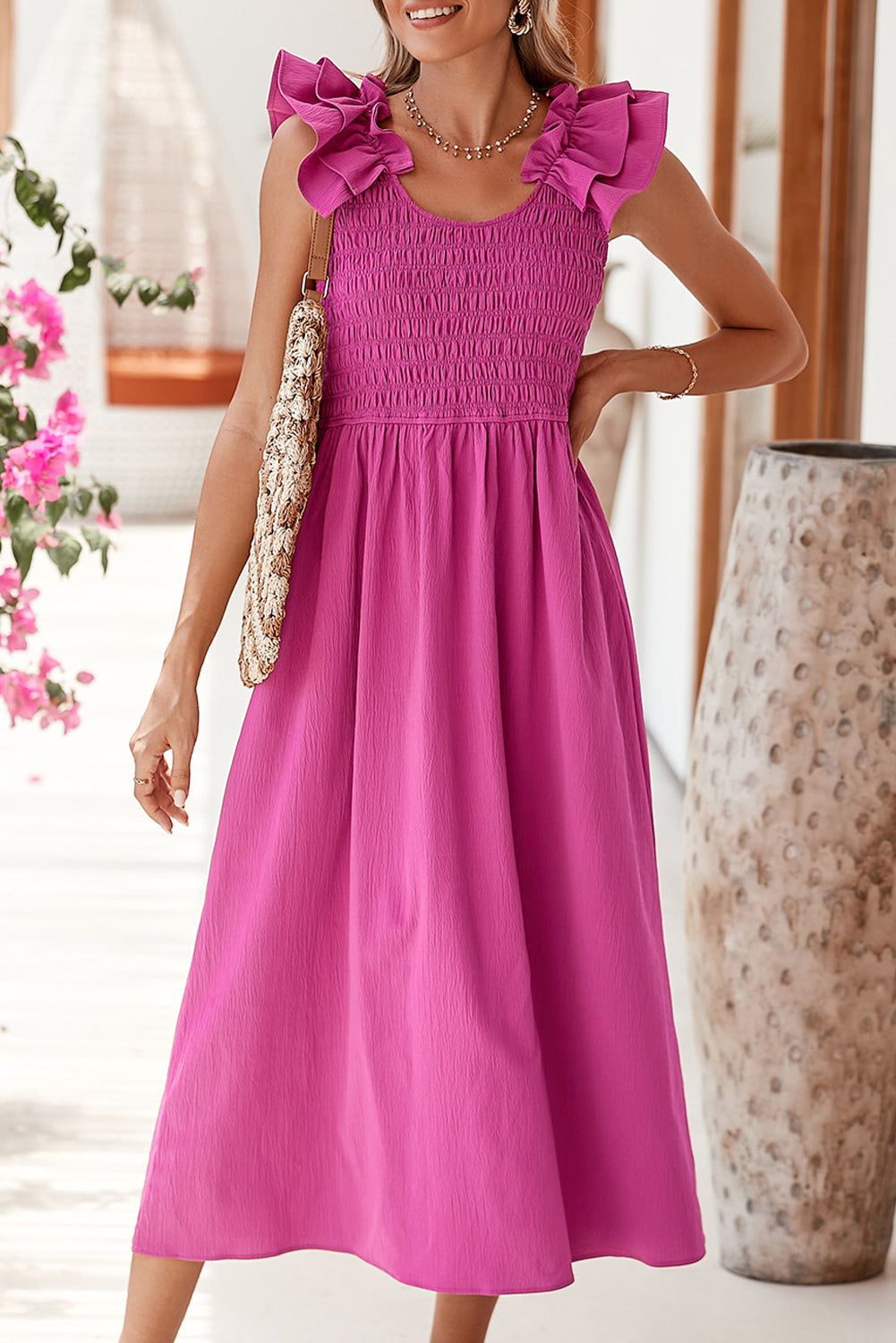 Magenta Crinkled Ruffle Strap Smocked Midi Dress