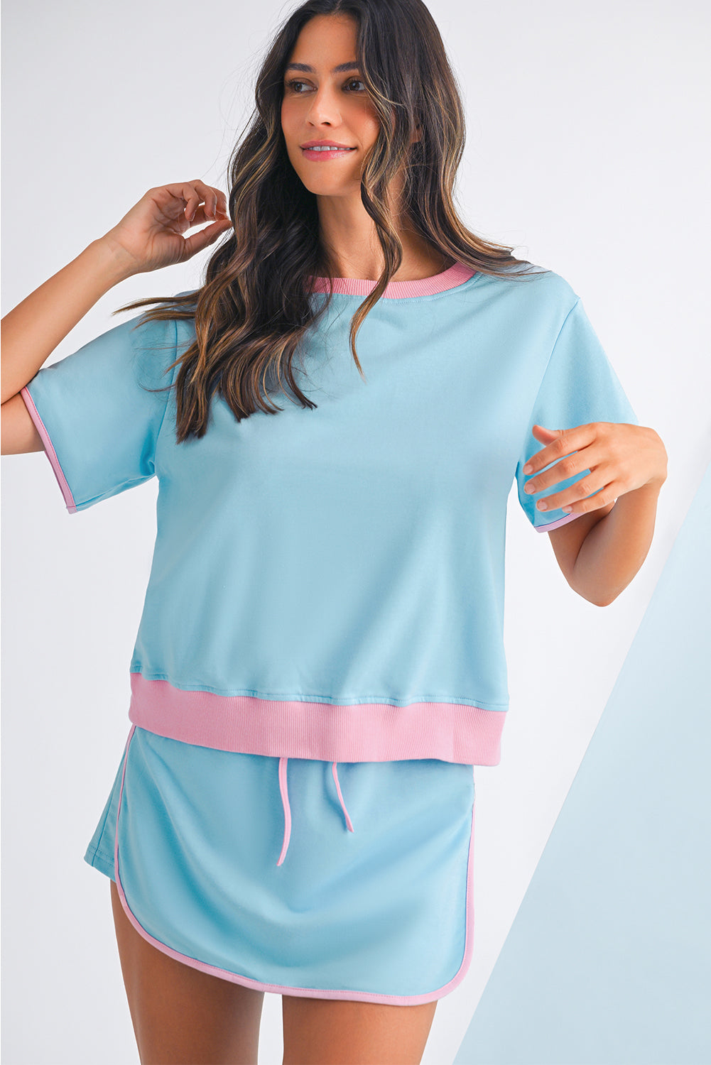 Black Colorblock Edge Drop Shoulder T Shirt and Skort 2Pcs Set