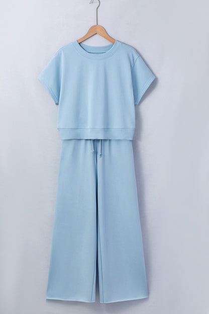 Mist Blue Solid Color Loose Tee Drawstring Wide Leg Pants 2pcs Outfit