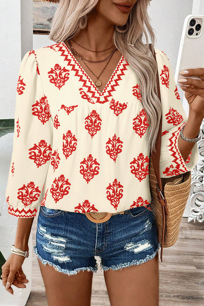 Green Damask Floral Print Contrast V Neck 3/4 Sleeve Blouse