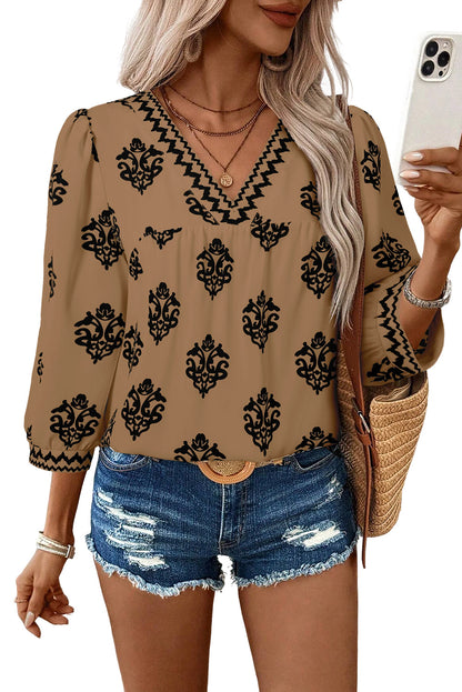 Green Damask Floral Print Contrast V Neck 3/4 Sleeve Blouse