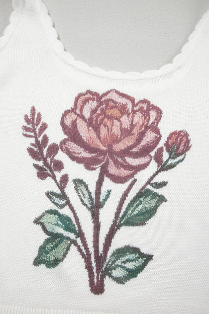 White Retro Floral Print Scalloped Square Neck Knit Sweater Vest