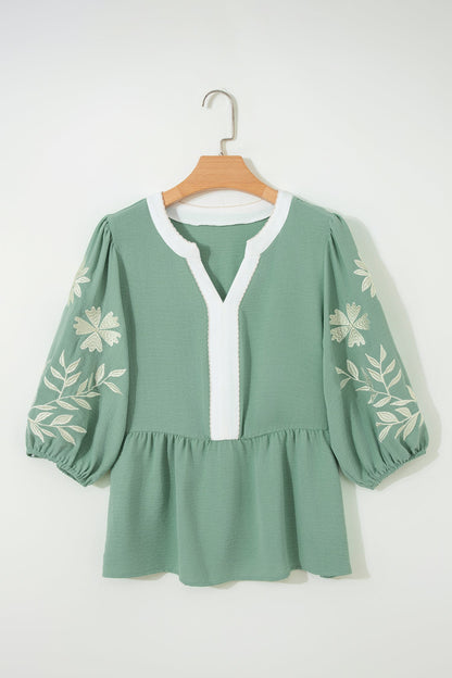 Smoke Green Color Block Patchwork V Neck Embroidered Puff Sleeve Babydoll Blouse