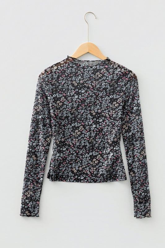 Black Ditsy Floral Mesh Thumbhole Sleeve Slim Fit Top
