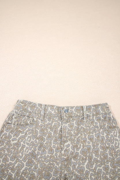 Khaki Raw Edge Leopard Print Denim Shorts