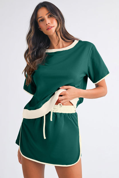 Black Colorblock Edge Drop Shoulder T Shirt and Skort 2Pcs Set