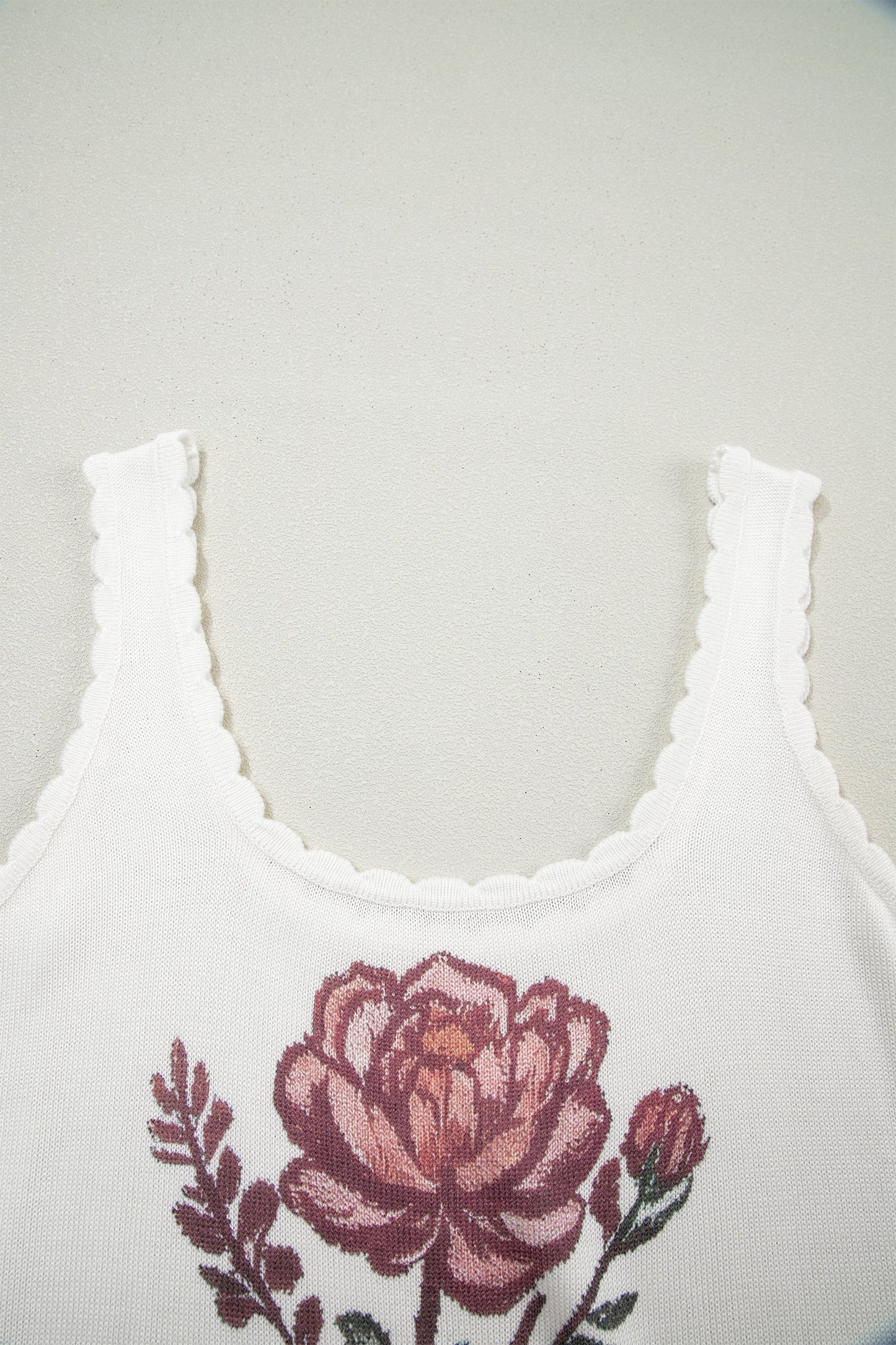White Retro Floral Print Scalloped Square Neck Knit Sweater Vest