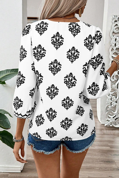 Green Damask Floral Print Contrast V Neck 3/4 Sleeve Blouse
