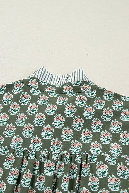 Green Contrast Striped Frilled Collar 3/4 Sleeve Plus Size Floral Dress