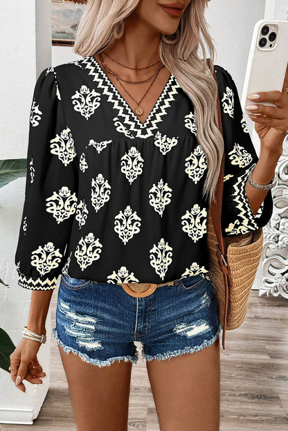 Green Damask Floral Print Contrast V Neck 3/4 Sleeve Blouse