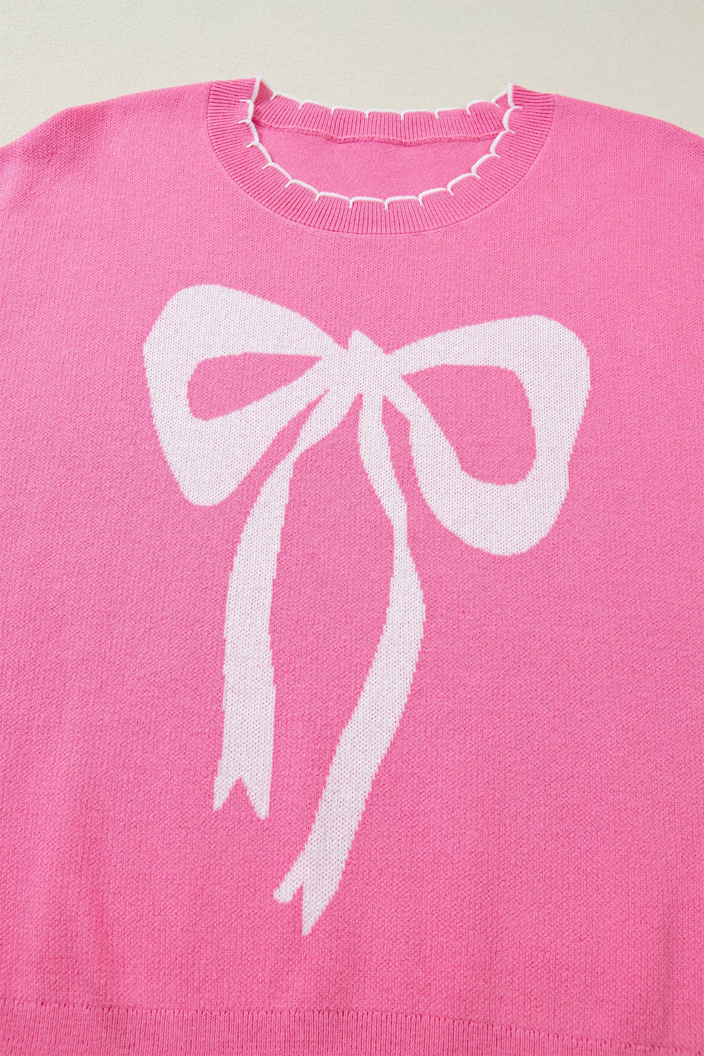 Sachet Pink Big Ribbon Bow Print Contrast Stitch Trim Drop Shoulder Sweater