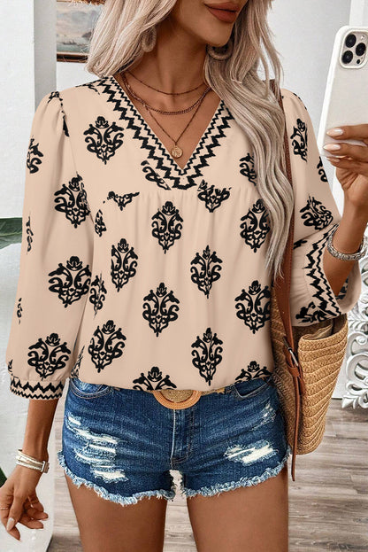 Green Damask Floral Print Contrast V Neck 3/4 Sleeve Blouse