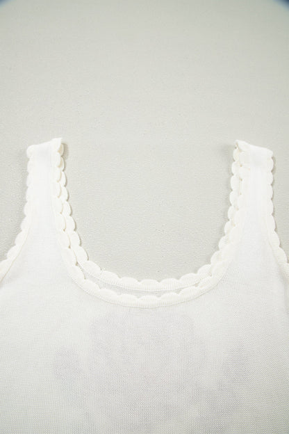 White Retro Floral Print Scalloped Square Neck Knit Sweater Vest
