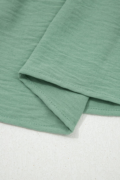 Smoke Green Color Block Patchwork V Neck Embroidered Puff Sleeve Babydoll Blouse
