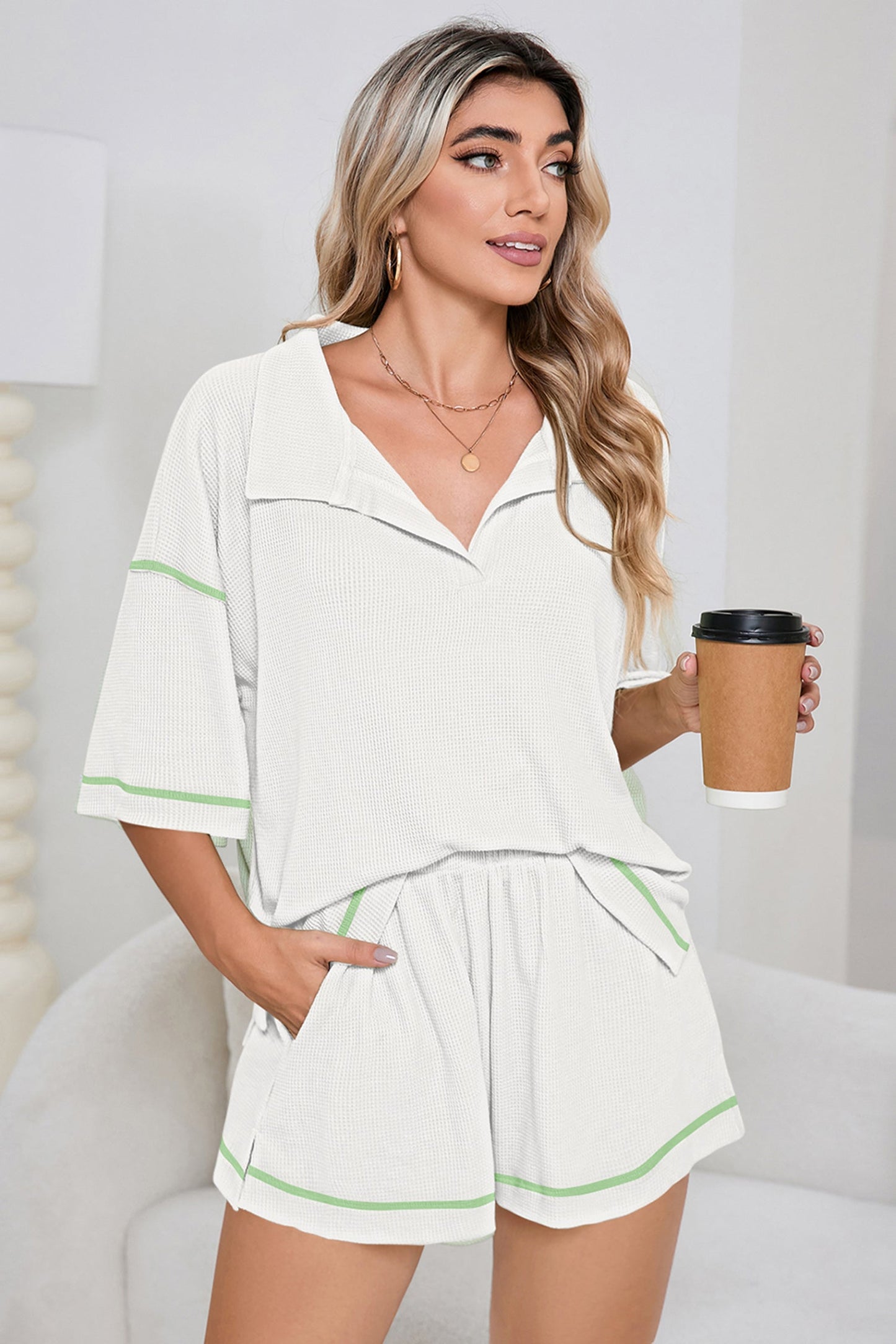 Pink Breathable Waffle Color Block Trim 2pcs Casual Short Set