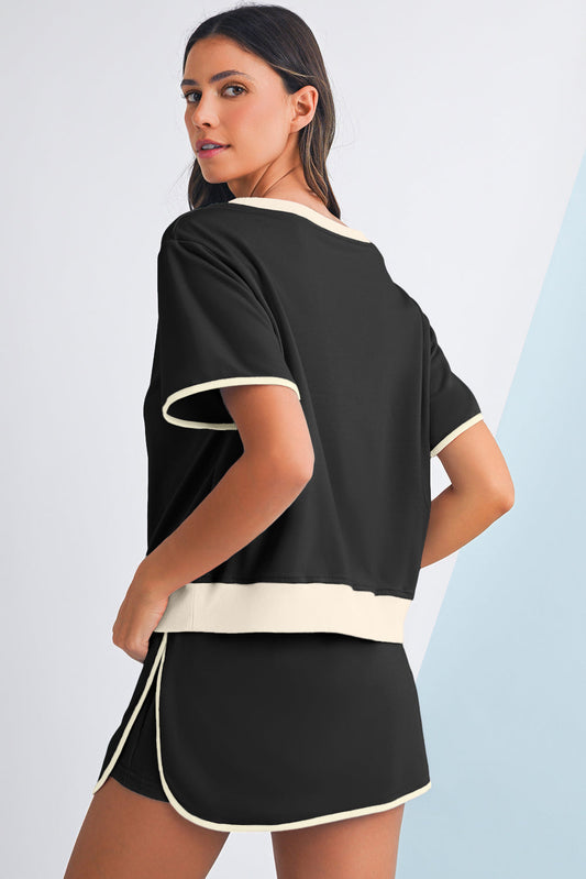 Black Colorblock Edge Drop Shoulder T Shirt and Skort 2Pcs Set