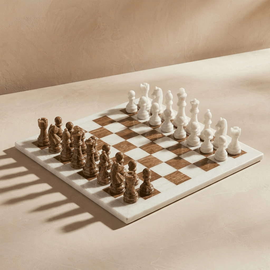 Marble Chess Set with Storage Case - Brown and White